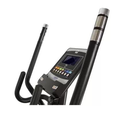 Painel de controlo de bicicleta estática preta com ecrã digital e botões coloridos