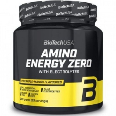Recipiente preto de suplemento BioTechUSA Amino Energy Zero com rótulo amarelo e texto branco e preto