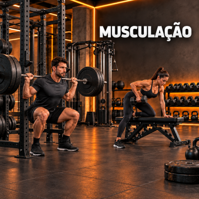 Homem a fazer agachamento com barra e mulher a levantar haltere num ginásio moderno com luzes laranjas e texto MUSCULAÇÃO na parede.