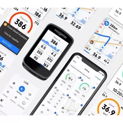 Dispositivos com ecrãs mostrando dados de fitness e mapas