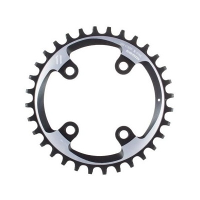 Prato metálico para bicicleta preto e cinzento com 36 dentes e quatro furos de fixação