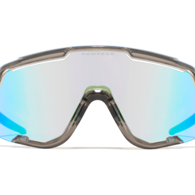 Óculos de sol desportivos com lentes espelhadas azuis e armação cinzenta translúcida