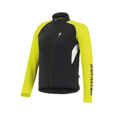 Casaco ciclismo amarelo e preto com texto Specialized na manga