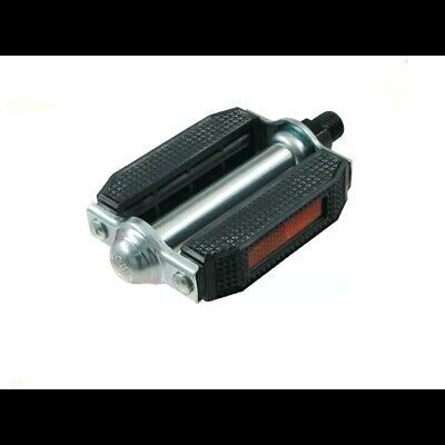 Pedal de bicicleta metálico com plataforma em borracha e refletor laranja