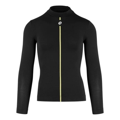 Camisola preta de manga comprida com faixa amarela vertical e símbolo no pescoço