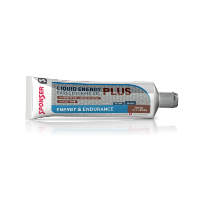 Gel energético líquido Sponser Plus em embalagem tubular prateada com tampa cinzenta