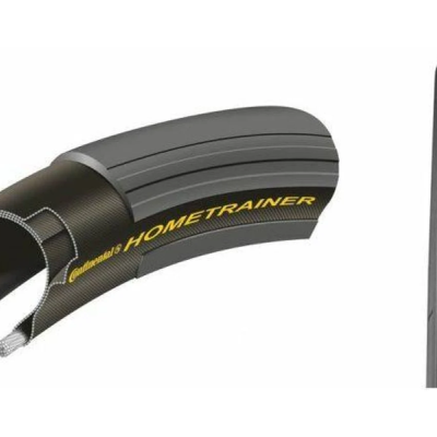 Pneu de bicicleta preto Continental HOMETRAINER com texto amarelo e vista transversal