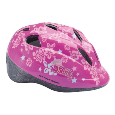 Capacete de bicicleta cor-de-rosa com flores brancas e estrelas azuis