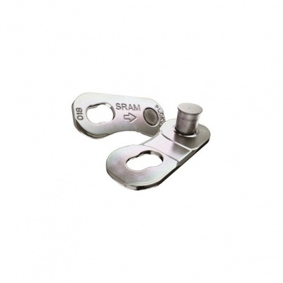 Fecho metálico prateado com inscrição SRAM 910 em fundo branco