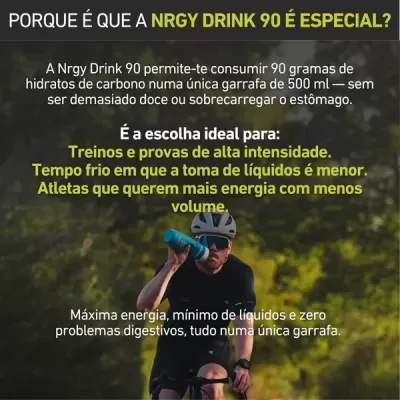 Texto promocional da NRGY DRINK 90 e ciclista a beber de garrafa azul com fundo de natureza