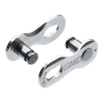 Dois elos rápidos metálicos prateados para corrente de bicicleta com gravação SRAM.