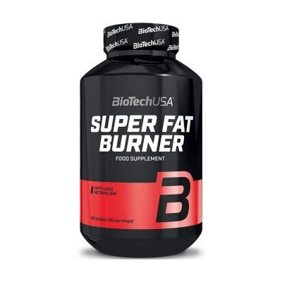 Frasco preto de suplemento alimentar SUPER FAT BURNER BioTechUSA com etiqueta preta e vermelha