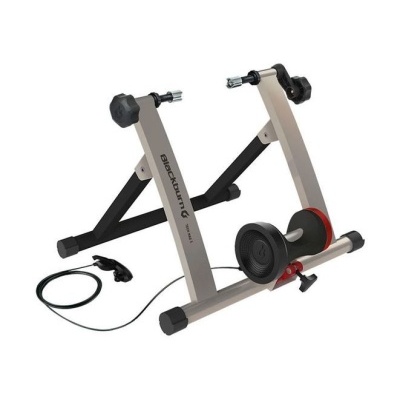 Suporte para bicicleta indoor Blackburn cinza e preto com controlador e detalhes vermelhos
