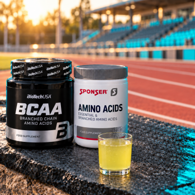 Duas embalagens de suplementos alimentares para aminoácidos com um copo de líquido amarelo, sobre uma superfície preta, com pista de atletismo ao fundo.