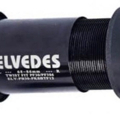 Peça cilíndrica preta para bicicleta com inscrições brancas ELVEDES e medidas