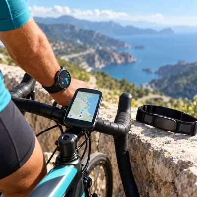 Relógio inteligente preto e computador de bicicleta com mapa no guiador em cenário de montanha e mar