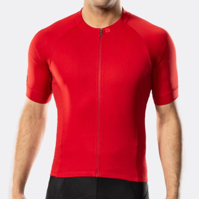 Camisola de ciclismo vermelha de manga curta com fecho completo