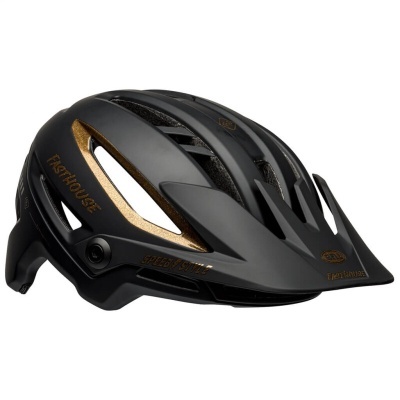 Capacete de ciclismo preto com detalhes dourados e texto FAST HOUSE