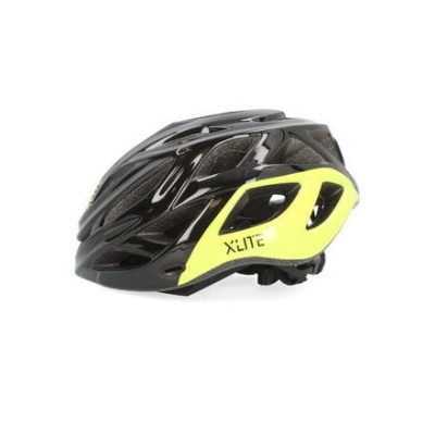 Capacete de ciclismo preto com detalhes amarelo neon e texto XLITE na lateral