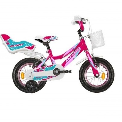 Bicicleta infantil rosa com rodas laterais e assento para boneca