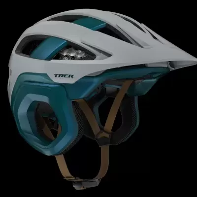 Capacete de ciclista branco e verde azulado com correias castanhas e texto TREK