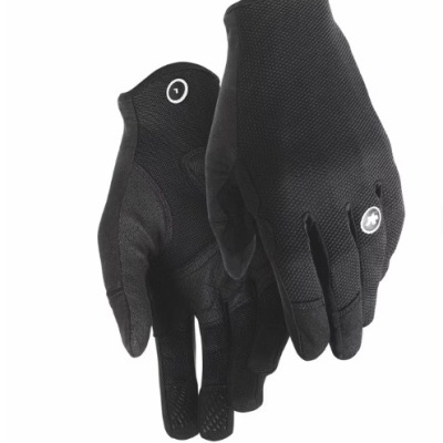 Par de luvas pretas com textura e símbolo redondo