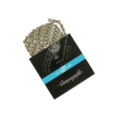 Corrente de bicicleta Campagnolo com embalagem preta e azul