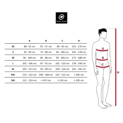 Tabela de tamanhos roupa com medidas e ilustração do corpo humano masculino