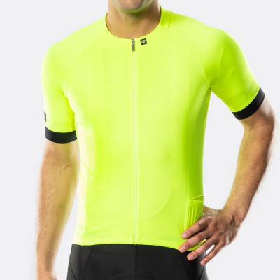 Camisola de ciclismo amarela fluorescente com fecho e mangas pretas