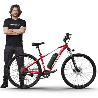 Bicicleta elétrica vermelha com bateria no quadro e homem ao lado