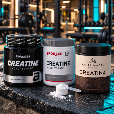 Três frascos de suplementos de creatina em ginásio, marcas BioTechUSA, Sponser e Santa Madre.