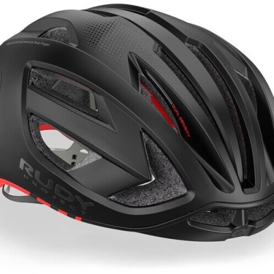 Capacete de ciclismo preto com detalhes cinzentos e vermelhos