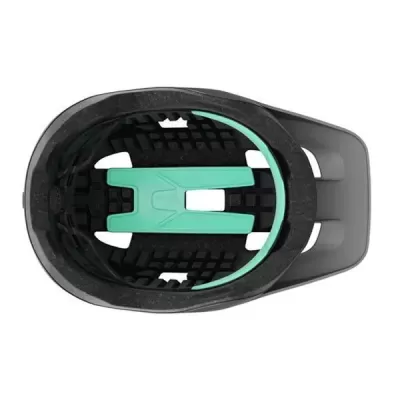 Visão interior de capacete desportivo preto com detalhes verdes