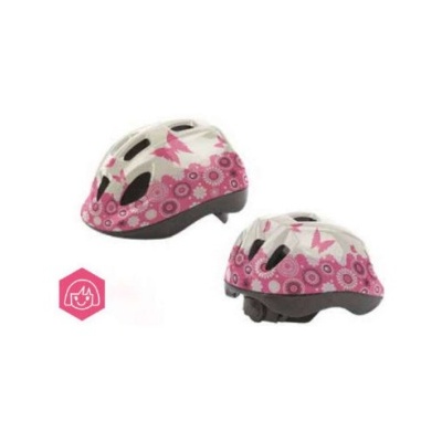Capacete de bicicleta infantil rosa e branco com padrão de flores e relâmpagos