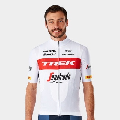 Camisola ciclismo branca com logos TREK e Segafredo
