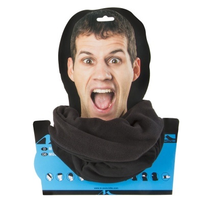 Cachecol tubular preto em embalagem azul com rosto estampado