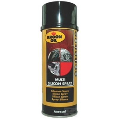 Spray aerossol Kroon Oil Multi Silicon Spray com etiqueta amarela, vermelha e preta
