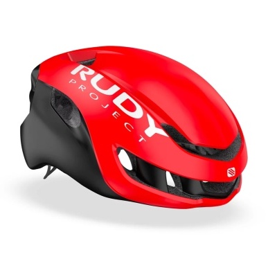Capacete de ciclismo vermelho e preto com texto RUDY PROJECT