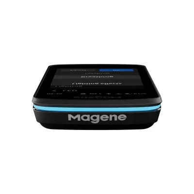 Dispositivo preto e azul com ecrã digital e texto Magene