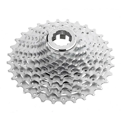 Cassete de bicicleta prateado com várias engrenagens empilhadas