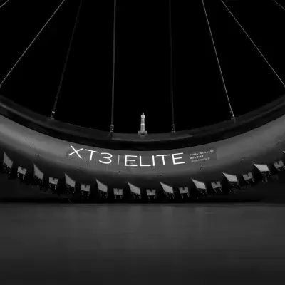 Roda de bicicleta preta com texto XT3 ELITE no pneu