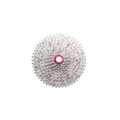 Cassete de bicicleta metálico com 12 velocidades e centro vermelho
