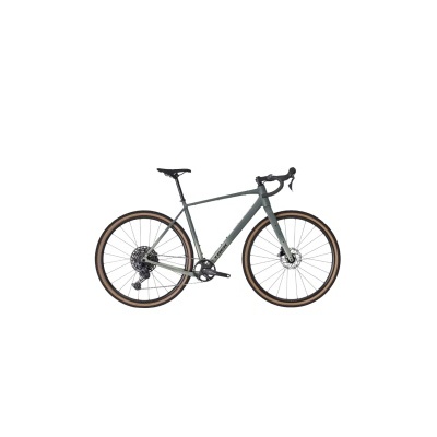 Bicicleta de estrada cinza com pneus castanhos claros e guiador curvo preto