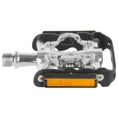 Pedal de bicicleta metálico prata com refletor amarelo e moldura preta