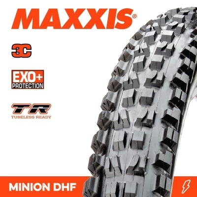 Pneu preto Maxxis Minion DHF com cravos grandes e texto promocional