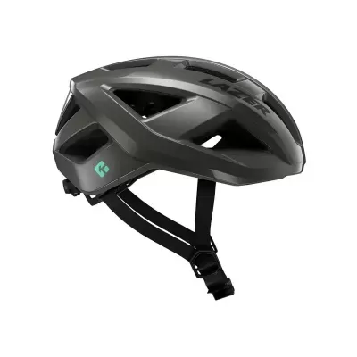 Capacete de ciclismo cinza escuro com ventilação e correias pretas
