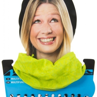 Cachecol multifuncional amarelo-limão em embalagem azul com imagem de mulher sorridente