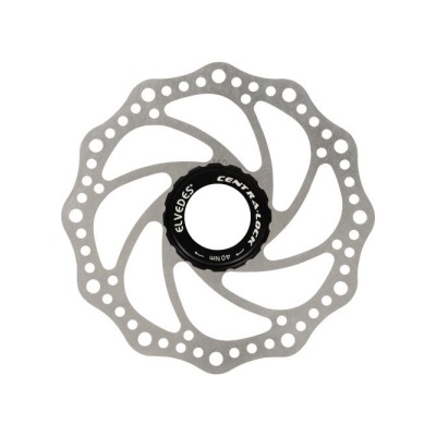 Disco de travão para bicicleta em metal prateado com orifícios e centro preto