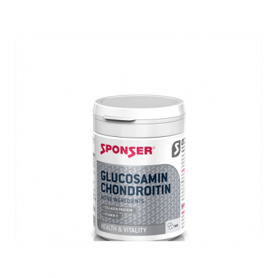 Frasco de suplemento Sponser Glucosamin Chondroitin branco com rótulo azul e vermelho