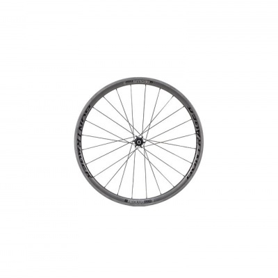 Roda de bicicleta cinzenta com raios metálicos em fundo branco